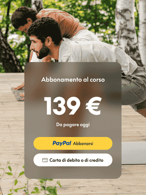 Due uomini che fanno yoga con un riquadro del pulsante “Iscriviti” di PayPal.