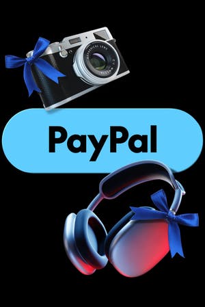 PayPal logo in blue with a vintage camera and a pair of over-ear headphones, each decorated with a blue ribbon, on a black background.