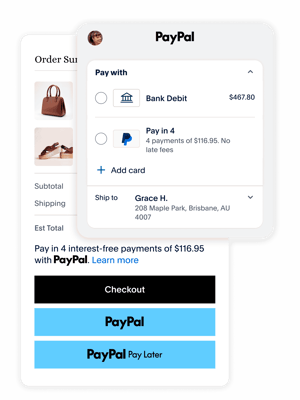 PayPal checkout options shown paying for a bag and shoes
