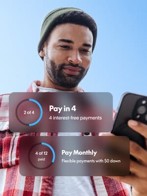 A man smiling and holding a phone with overlays showing Pay in 4 and Pay Monthly payment plan progress indicators