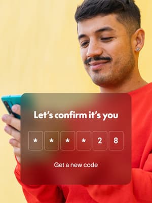 A man looking at his phone with an overlay showing a guest checkout code to confirm his Fastlane by PayPal info