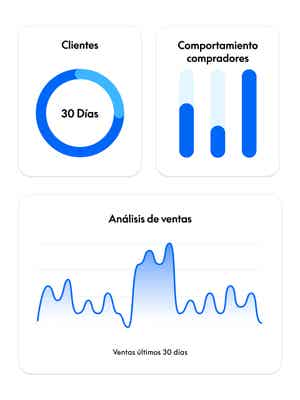Mosaico de herramientas de informes, como estadísticas de ventas, gráficos de clientes nuevos y recurrentes, y gráficos de tendencias de comportamiento de los compradores