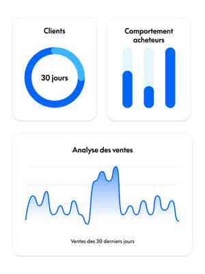 Mosaïque d'outils de rapports tels que des insights sur les ventes, des graphiques de nouveaux clients et de clients fidèles, ainsi que des graphiques sur les tendances de comportement des acheteurs