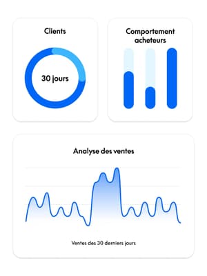 Mosaïque d'outils de rapports tels que des insights sur les ventes, des graphiques de nouveaux clients et de clients fidèles, ainsi que des graphiques sur les tendances de comportement des acheteurs