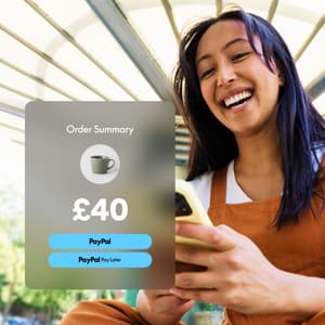 Woman looking at cell phone with overlay reading “Order Summary,” a picture of a mug, “40 pounds,” and the PayPal and Pay Later buttons