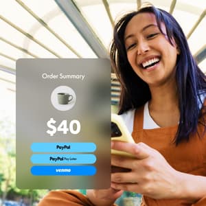 Woman looking at cell phone with overlay reading “Order Summary,” a picture of a mug, “$40,” and the PayPal, Pay Later, and Venmo buttons