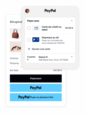 Tuile du récapitulatif de la commande d'un client ; vignette d'un client PayPal choisissant de payer avec PayPal sur le site Web d'une entreprise