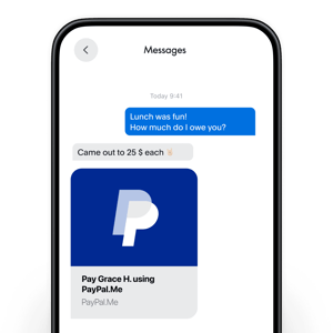 A mobile phone screen showing a text message exchange and a tile showing what your PayPal.Me link looks like when you share it.