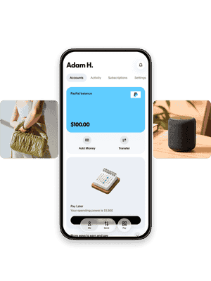 PayPal app UI of PayPal balance with carousel of lifestyle images