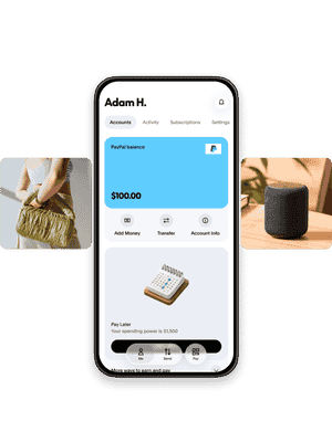 PayPal app UI of PayPal balance with carousel of lifestyle images
