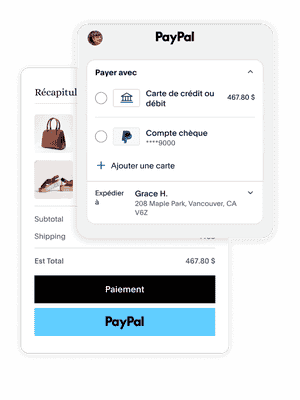 Vignette du récapitulatif de la commande d'un client ; vignette d'un client PayPal choisissant de payer avec PayPal sur le site Web d'une entreprise