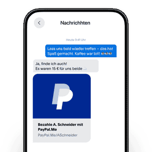 Ein Smartphone-Bildschirm, auf dem ein Nachrichtenverlauf angezeigt wird, eine Kachel, die zeigt, wie dein PayPal.Me-Link aussieht, wenn du ihn teilst.