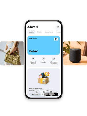 Téléphone mobile affichant le solde PayPal avec des vignettes de différents articles à acheter.