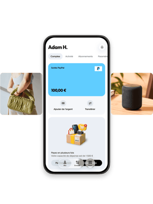 Téléphone mobile affichant le solde PayPal avec des vignettes de différents articles à acheter.