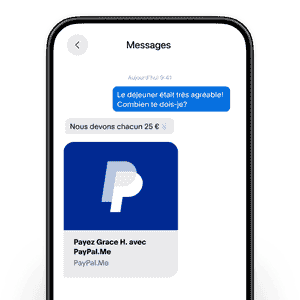 Un écran de téléphone mobile affichant un échange de SMS, une vignette indiquant comment s'affiche votre lien PayPal.Me lorsque vous le partagez.