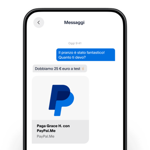 Schermata di un telefono che mostra uno scambio di SMS; riquadro che mostra l'aspetto del link PayPal.Me quando viene condiviso.