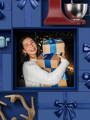 Women holding gifts surrounded by shopping items in a grid of gift boxes