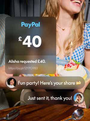 Woman celebrating birthday with cupcake with overlay of money requested.