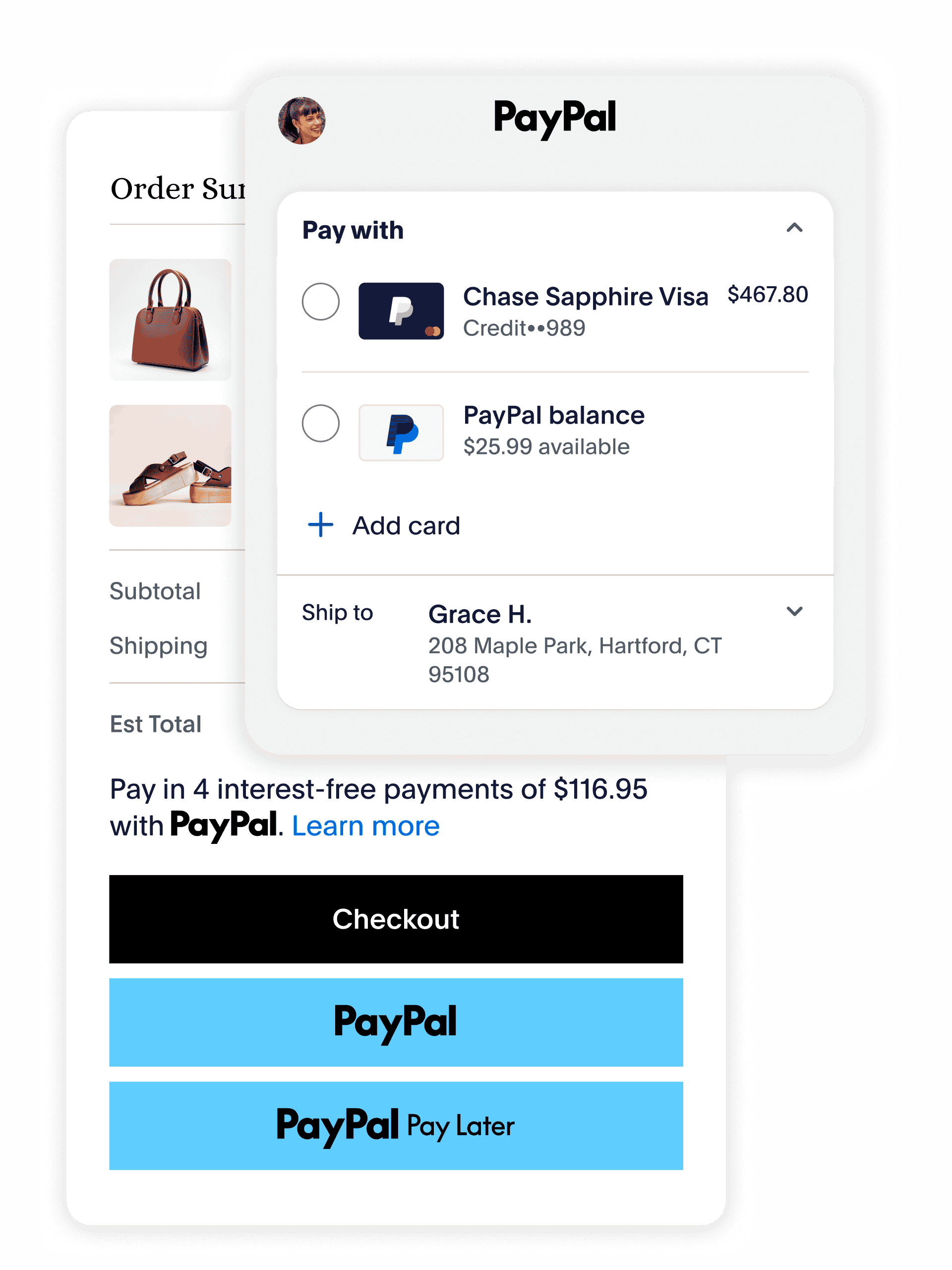 PayPal checkout options shown paying for a bag and shoes