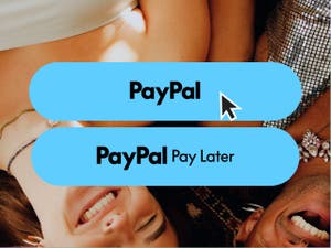 PayPal, Pay Later, and debit or credit card payment options shown over image of woman laying in sun