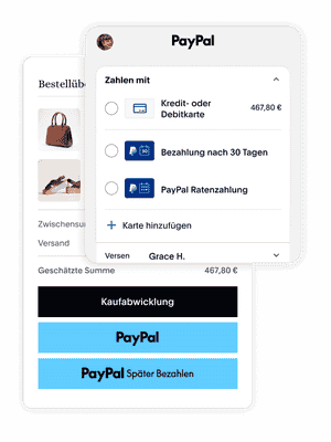 Kachel der Bestellübersicht eines Kunden; Kachel eines PayPal-Kunden, der sich auf der Website eines Unternehmens für die Bezahlung mit PayPal entscheidet