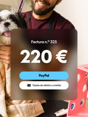 Mujer trabajando en un portátil con superposición de factura mostrando 220 € por pagar y opciones para pagar con PayPal, o tarjeta de crédito o débito