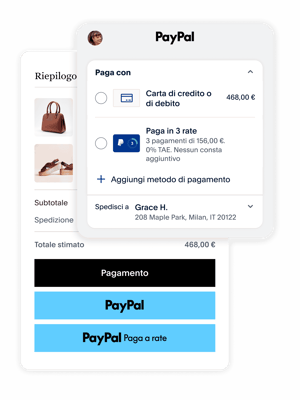 Testo alternativo immagine: Opzioni di checkout PayPal visualizzate durante il pagamento di una borsa e di scarpe