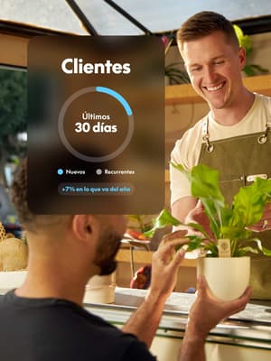 Tres tarjetas de imagen mostrando: un vendedor de tienda de plantas con superposición de información del cliente, una mujer sosteniendo una cesta de flores y una mano colocando un artículo en una caja de cartón con superposición de una factura.
