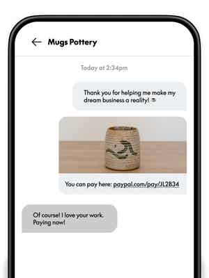 Text message conversation where the owner of Mugs Pottery shares a Payment Link for a handmade mug