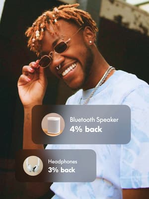 Man wearing sunglasses and smiling with rewards offer overlay