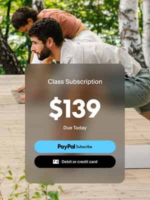 Two men doing yoga with a PayPal Subscribe button overlay