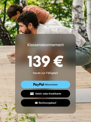 Zwei Männer beim Yoga mit einer PayPal-Abonnement-Schaltfläche als Overlay