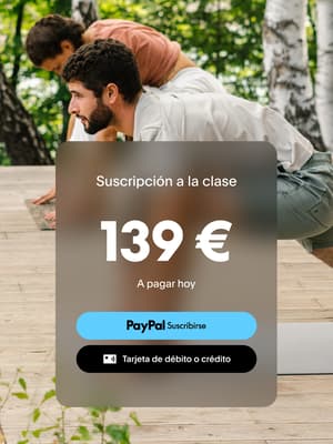 Dos hombres haciendo yoga con superposición del botón Suscribirse de PayPal