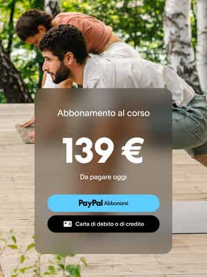 Due uomini che fanno yoga con un riquadro del pulsante “Iscriviti” di PayPal.
