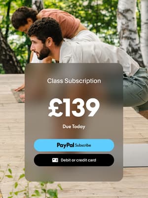 Two men doing yoga with a PayPal Subscribe button overlay