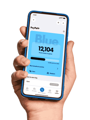 Hand holding a phone with UI of PayPal+ showing amount of points ready to spend