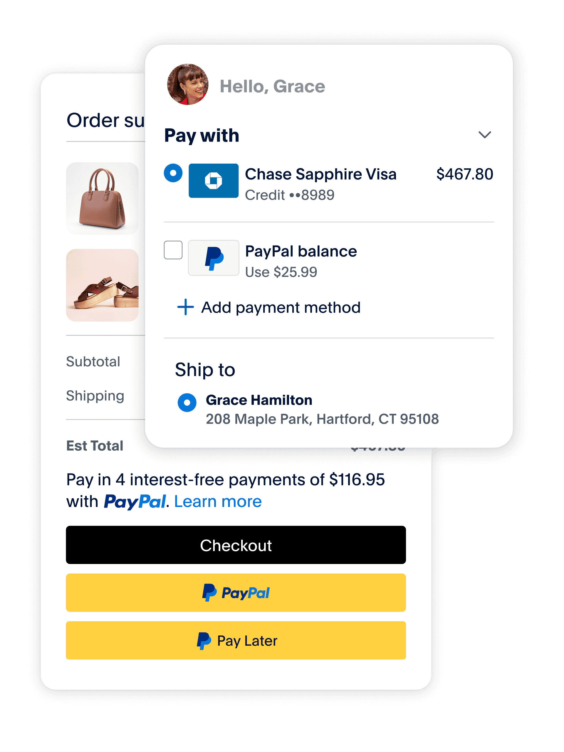 PayPal checkout options shown paying for a bag and shoes with a mobile phone overlay showing Pay Now option