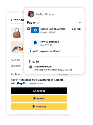 PayPal checkout options shown paying for a bag and shoes with a mobile phone overlay showing Pay Now option