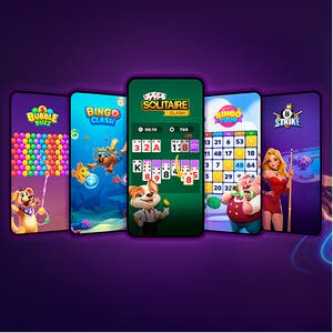 Screens from AviaGames mobile skill-based games, including bingo, bubble shooter, and solitaire titles, arranged around a globe. 