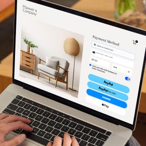 Laptop displaying an online checkout page with payment fields, a Fastlane option to save payment information for faster checkout, and buttons for PayPal, PayPal Pay Later, Venmo, and Apple Pay.