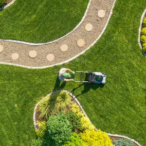 Person mowing a manicured lawn beside curved pathways and garden beds.