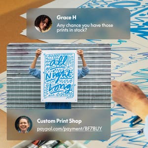 Chat UI of showing a customer enquiry for Artwork and the seller providing a PayPal payment link, displayed over artwork being prepared in a studio.