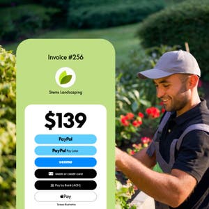 Landscaper working in a garden, with an invoice and PayPal payment options displayed in the foreground.