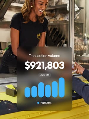 Foodtruck cashier with overlay of $921,803 transaction volume with 36% increase in year-to-date sales