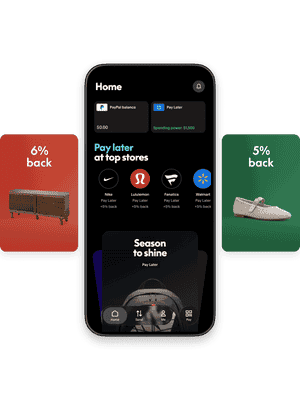 PayPal app UI of PayPal balance with carousel of lifestyle images