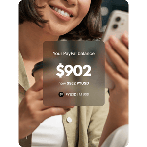 An image showing a woman on her phone with an overlay showing that she’s checking her PayPal balance of $902