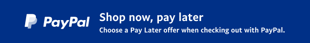 A blue banner with a white PayPal logo that reads, “Shop now, pay later. Choose a Pay Later offer when checking out with PayPal.