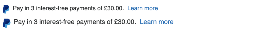 Two British text message for a Pay Later offer with 10 and 11 pixel font, left-aligned, black text on a white background, with a PayPal logo displaying only the PayPal icon on the left side of the text
