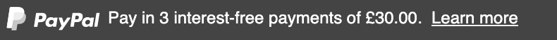 British text message for a Pay Later offer with 12 pixel font, left-aligned, white text on a black background, with a white primary PayPal logo on the left side of the text