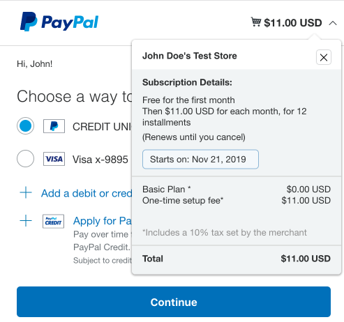 Screenshot of subscription details in checkout